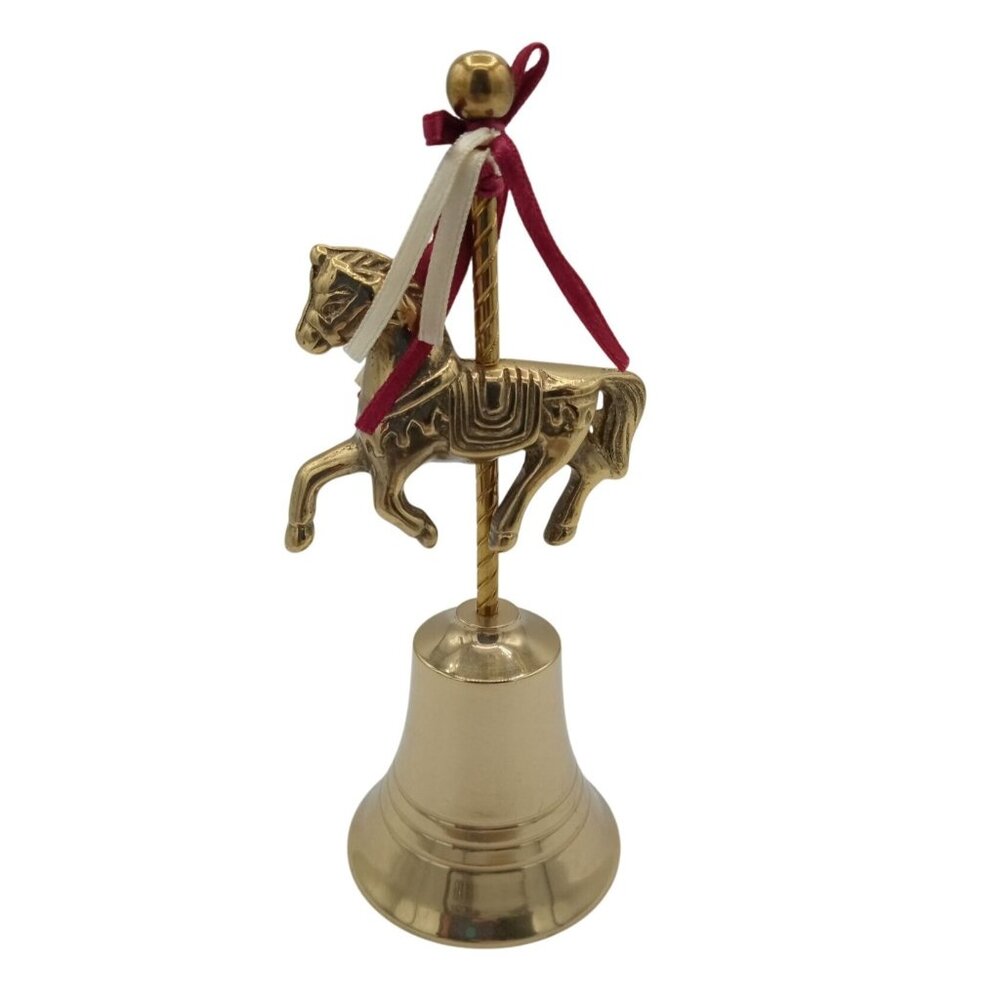 Vintage Brass Carousel Horse Bell 6.5” Figurine Tabletop Christmas Décor Gift